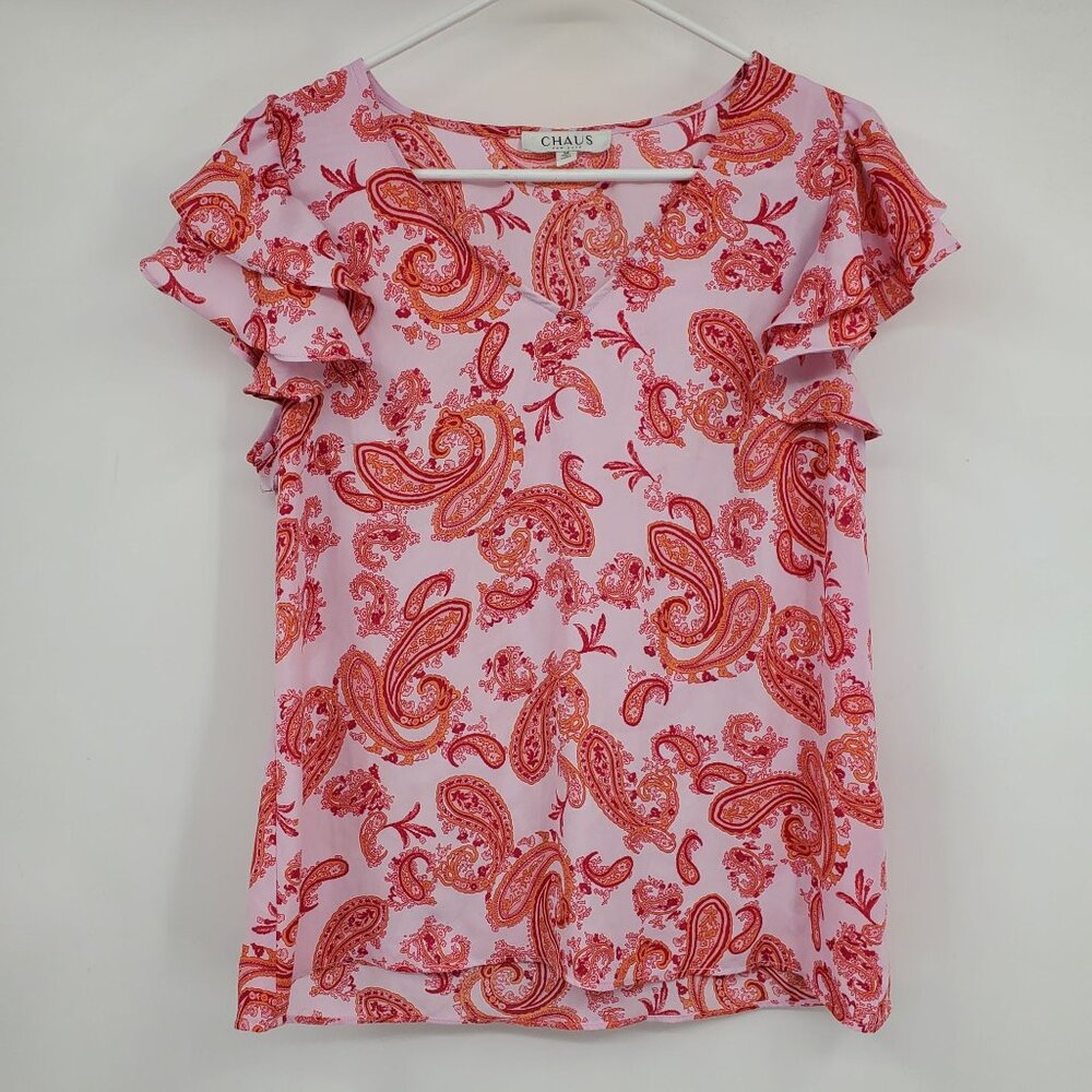 Chaus Pink Paisley Print Women's‎ Ruffle Sleeve Blouse Shirt Top Size Medium
